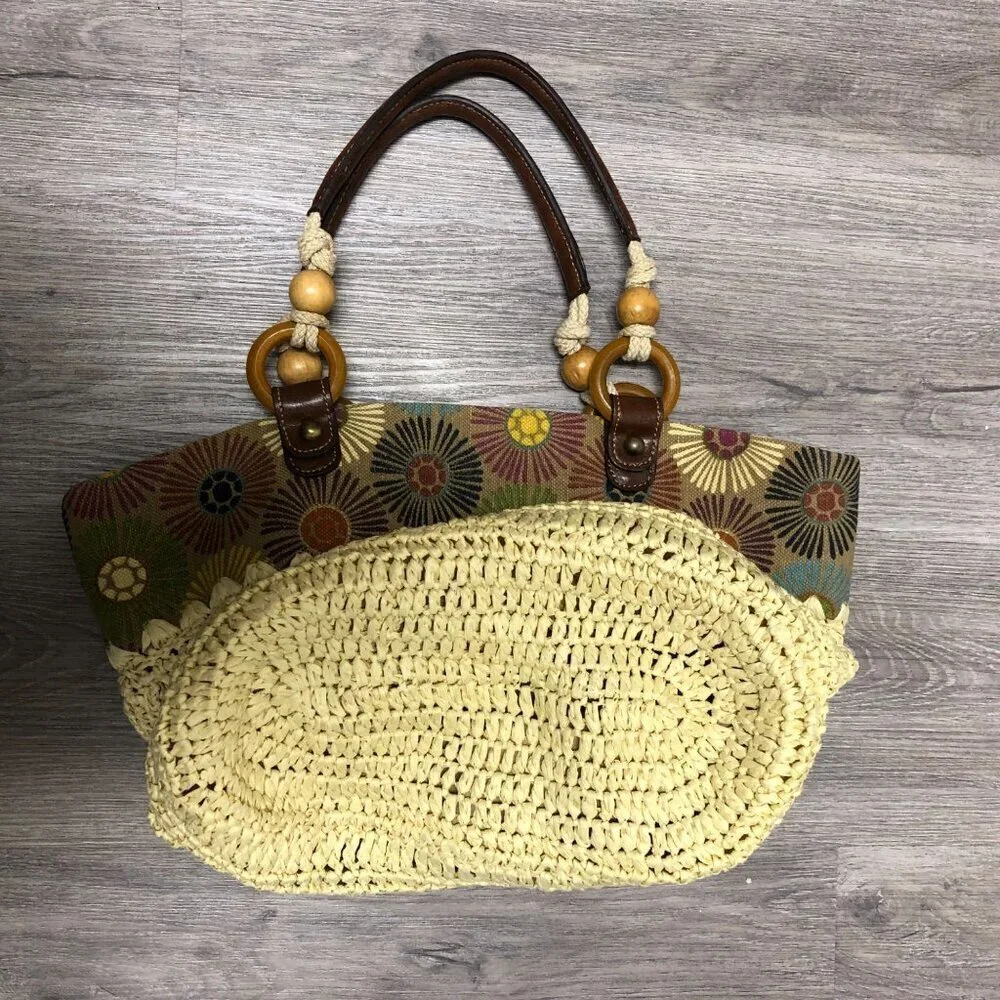 Fossil Straw Purse Shoulder Tote Bag Floral Woven Jute Handbag Boho Slouchy Hobo